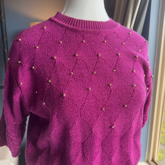 Vintage Eatons Fuschia and Gold Short  Sleeve Sweater - Picture 7 of 10